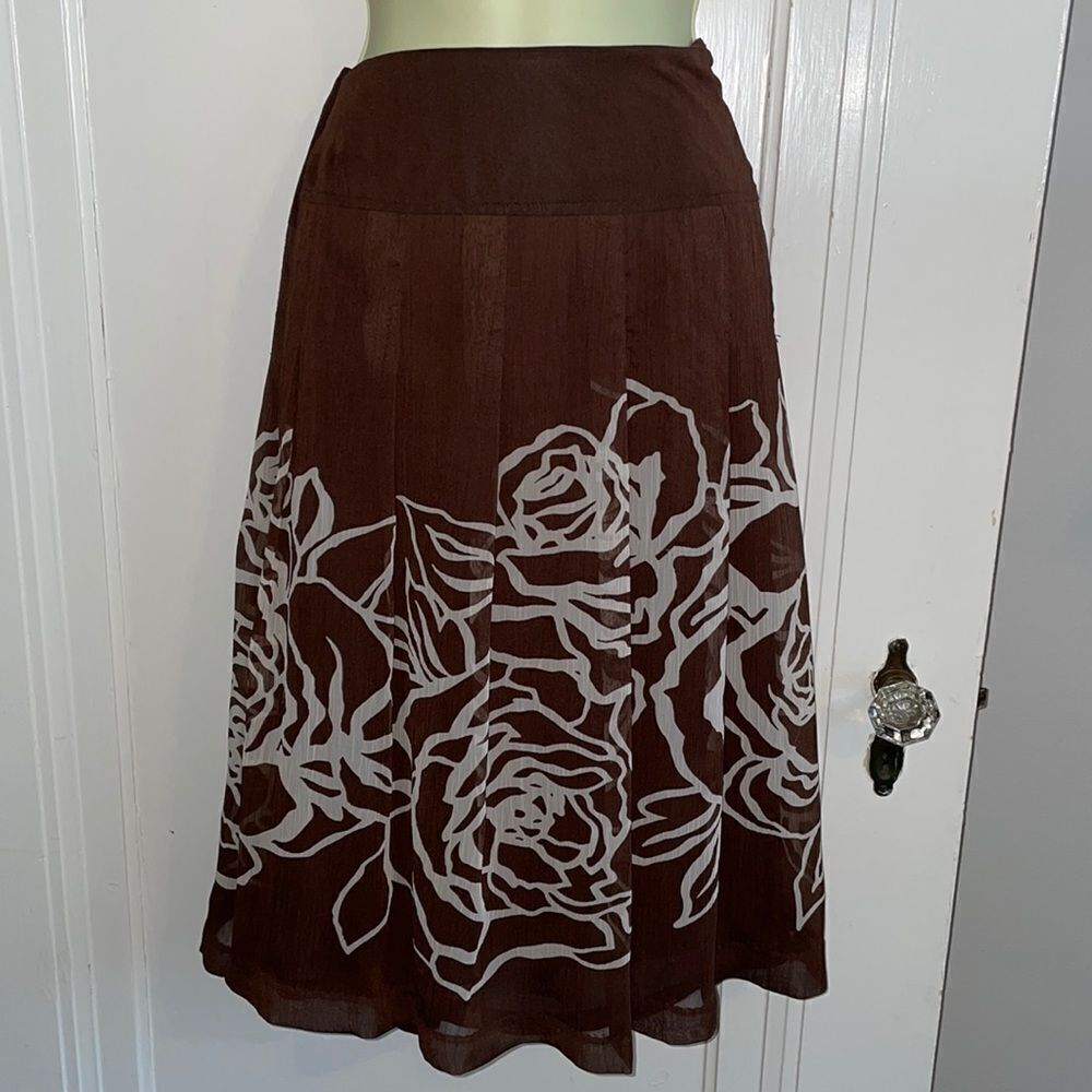 John Paul Richard Studio brown thin polyester skirt with cream floral print